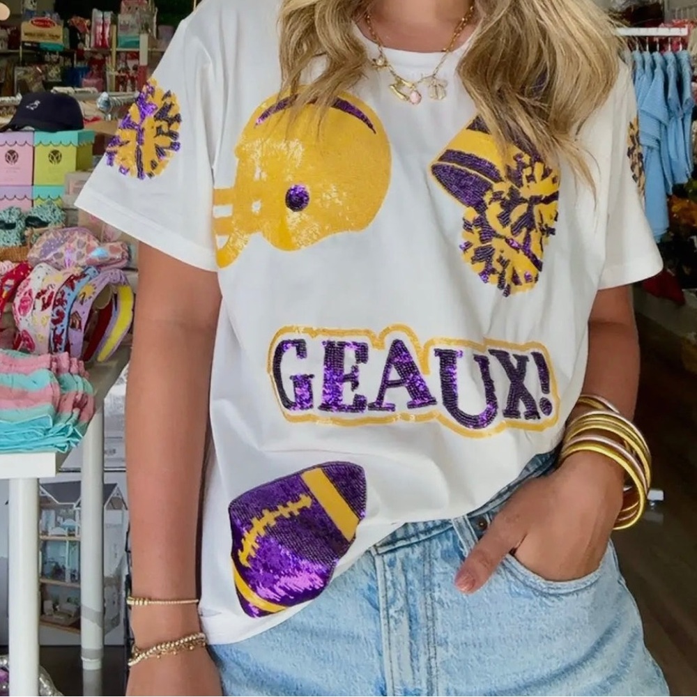 LSU White T-Shirt with Yellow and Purple Graphics